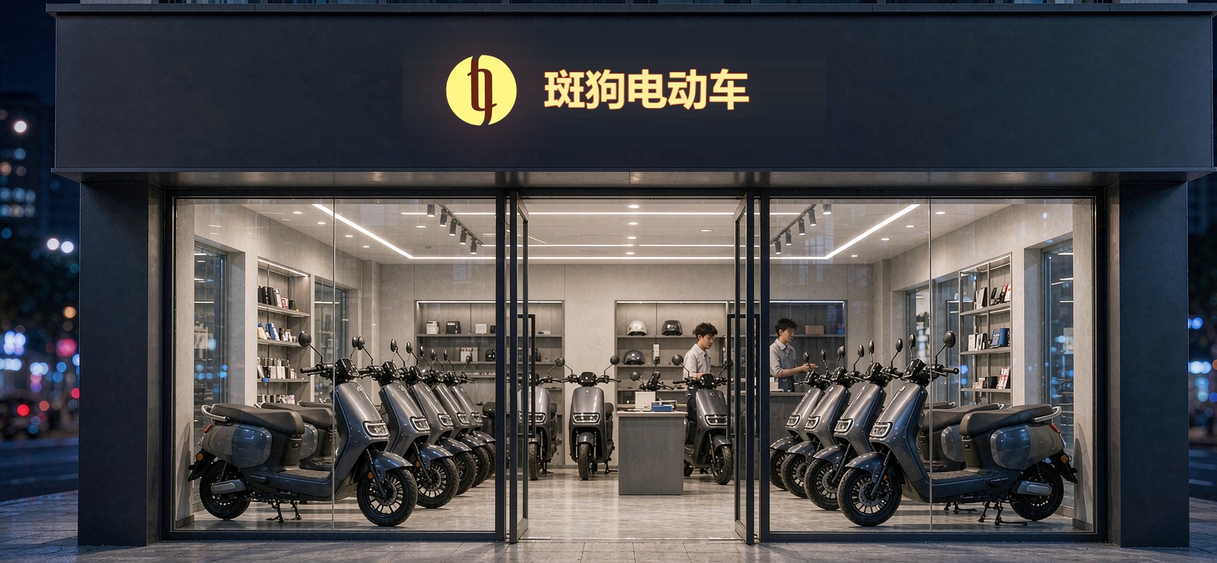斑狗电动车门店实景，黄底 LOGO 与店内整齐陈列的车辆